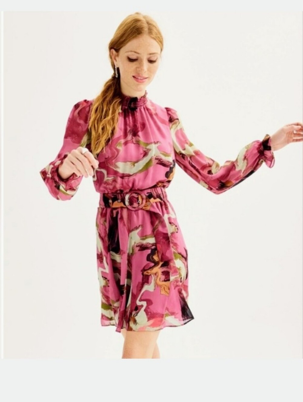 Nine West Pink Abstract Long-Sleeved Mini Dress With Ruffled Neckline, Size M